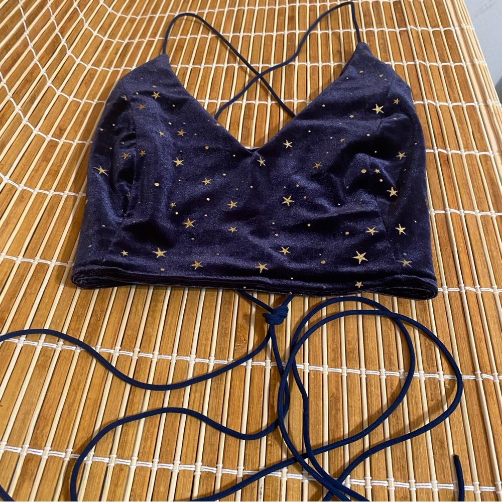 Vintage Starry Night Velvet/Velour Crop Top with Lace Up Back